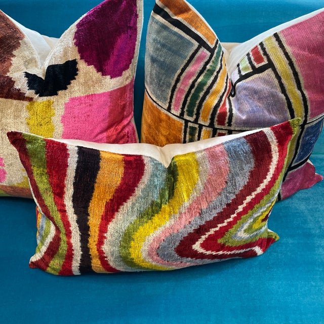 Contemporary Ikat Silk Velvet Pillow Colorblock For Sale - Image 3 of 10