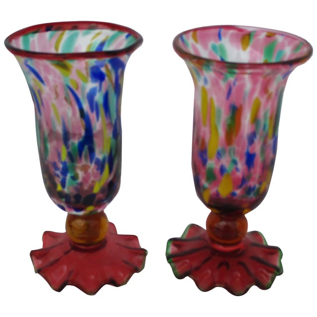 Multicolored Murano with "Fazzoletto" Base Goblets or Glasses - A Pair For Sale In Houston - Image 6 of 6