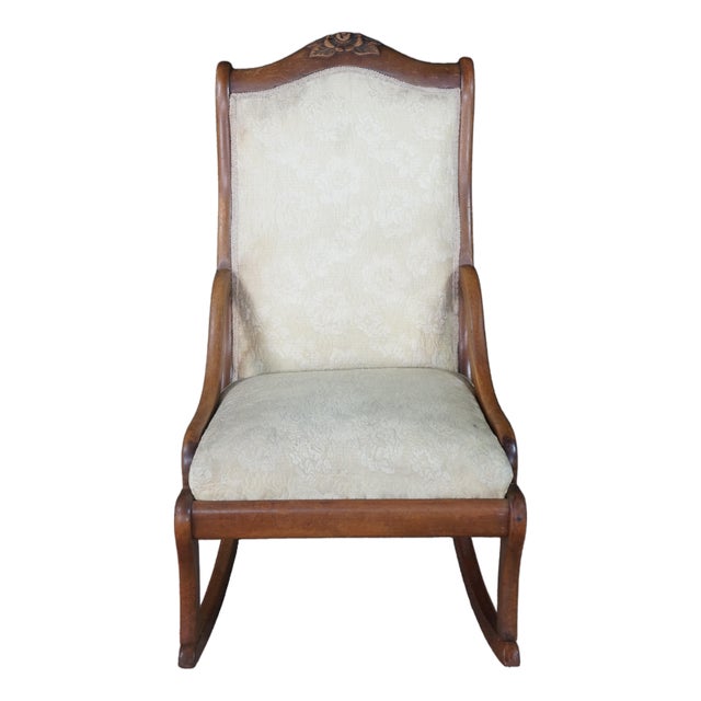 Antique American Victorian Rose Carved Walnut Lincoln Rocking Chair Rocker For Sale