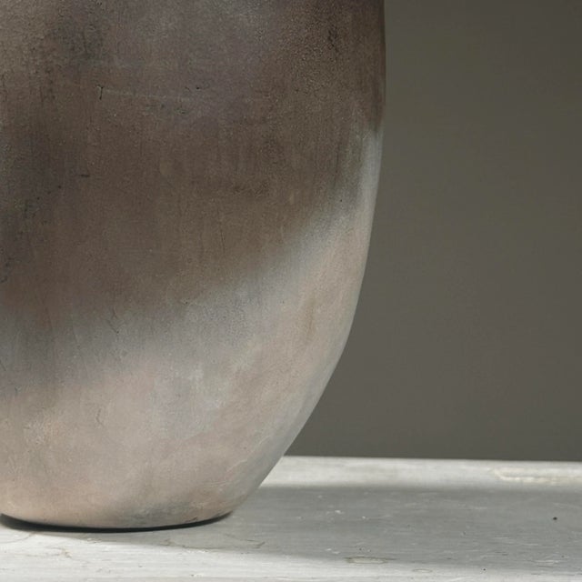 1980s Vintage Matte Modernist Raku Fired Smoke Grey Ceramic Vase and Double Bowl Vessel, Signed For Sale - Image 5 of 11