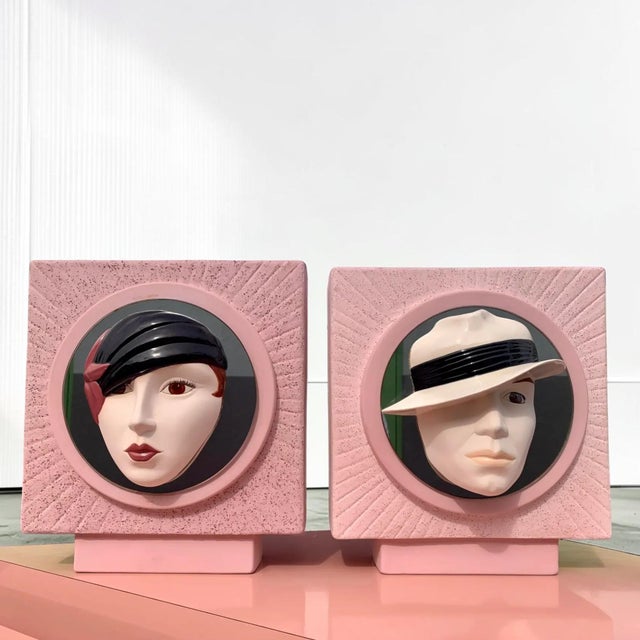 Incredibly unique pair of 1980s vintage pastel box vases. These particular vases have a male and female three-dimensional...