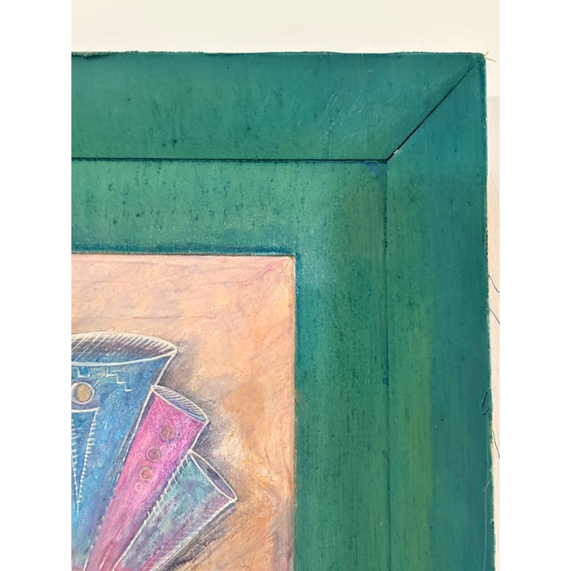 1980s “Express Yourself” Vintage 1989 Tom Roll Abstract Mixed Media Painting in Teal Frame, 18" X 20" For Sale - Image 5 of 9