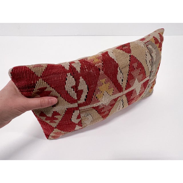 1960s Vintage Turkish Kilim Lumbar Pillow | Handwoven Wool Decorative Cushion | 9 in X 17 In For Sale - Image 5 of 12