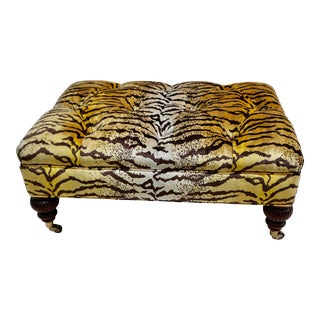 Re-Upholstered Hickory Chair Furniture Co Ottoman in Tiger Silk Velvet For Sale