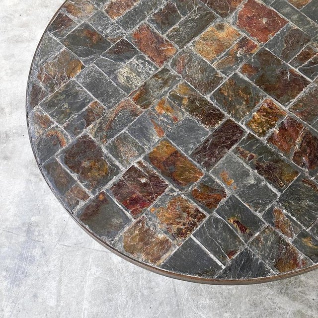 Round Slate Stone Mosaic Coffee Table with Sculptural Metal Base, 1970s For Sale - Image 4 of 10