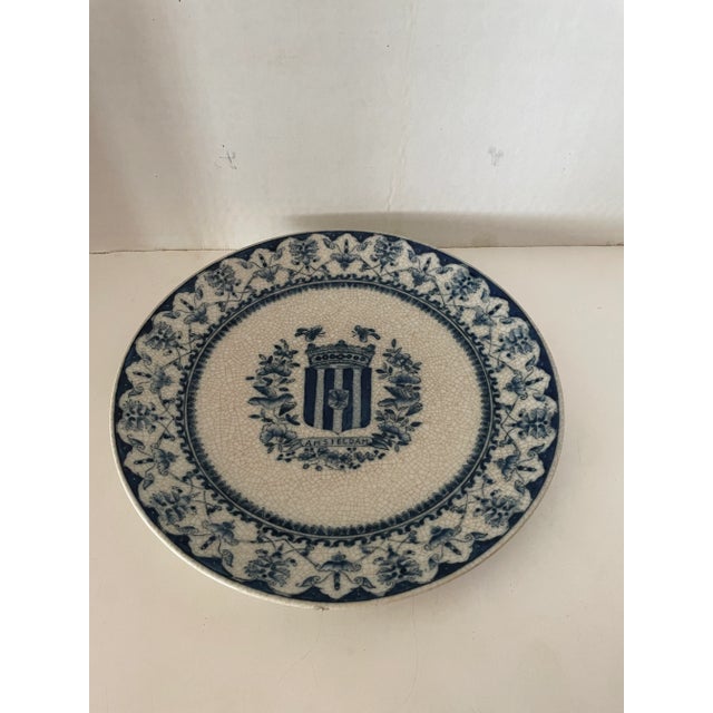 1910s Antique Crackled Glass j.m.n.c. Ceramic Amsteldam Decorative Hand Painted Plate Marked For Sale - Image 5 of 5