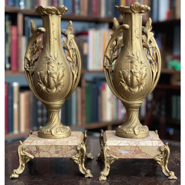 Art Nouveau Antique Pair of Art Nouveau 1890s Marble & Gilt Metal Garniture Vases For Sale - Image 3 of 8