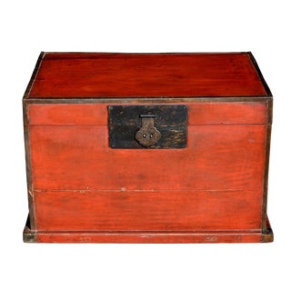 Asian Antique Red Wooden Trunk, Blanket Chest For Sale