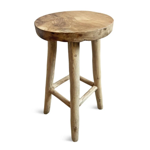 Vintage sanded smooth thick 2” thick seat natural teak wood bar stool. The sturdy and simple design is great for many...