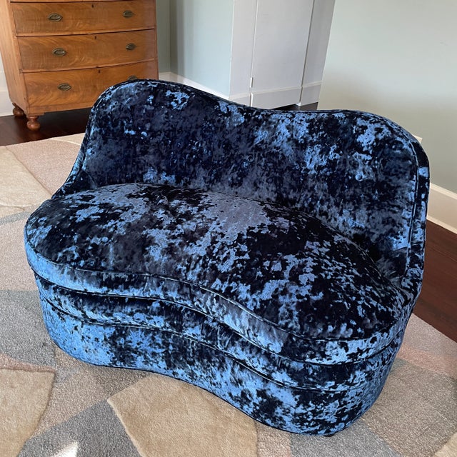 Textile 1950s Stunning Sapphire Blue Crushed Velvet Kidney Loveseat - Two Available For Sale - Image 7 of 11