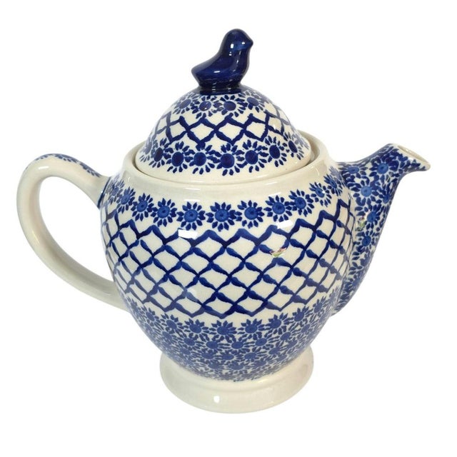 Vintage Boleslawiec Polish Pottery Teapot With Bird Finial For Sale - Image 12 of 16