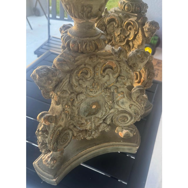 Late 18th Century Pair of Antique 18th Century Parcel Paint and Gilt Wood Candlesticks 40 Inches For Sale - Image 5 of 12