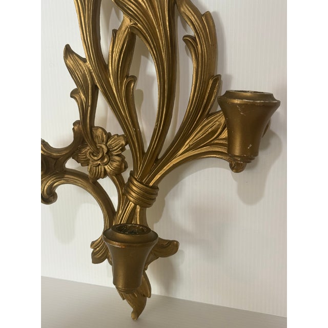 Vintage Hollywood Regency Gold Three-Arm Wall Sconce, Syroco Style For Sale - Image 9 of 12