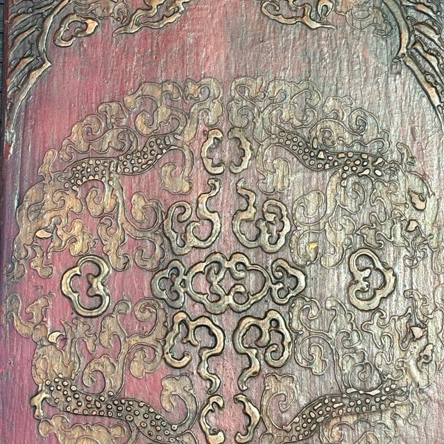 Antique Tibetan Wooden Cabinet Doors With Embossed Dragon and Bird Motifs, Pair For Sale In Los Angeles - Image 6 of 8
