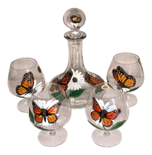 Hand Painted Butterflies Cristal D' Argue France Lead Crystal Brandy Decanter & Glasses - Set of 5