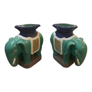 1980s Elegant Pair of Mid-Century Ceramic Elephant Garden Seats / Stools For Sale