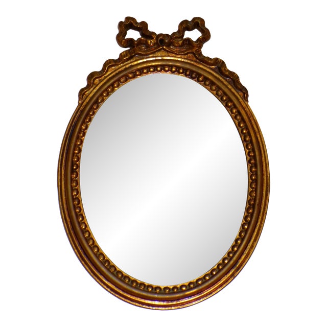 Vintage Italian Florentine Gilded Oval Mirror Ribbon Bow Accent Italy For Sale