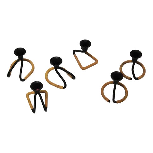 Vintage Danish Blacked Steel and Woven Natural Raffa Fiber Candleholders attributed to Laurids Lonborg, 1950s, Set of 6 For Sale