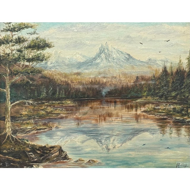 Mountain Lake Forest Landscape Scene - Vintage 20th Century Oil Painting 1970 For Sale - Image 9 of 17