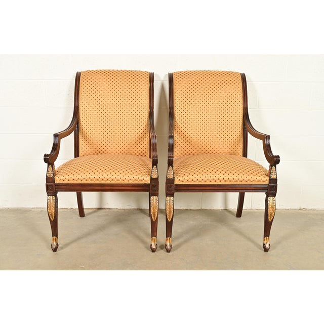 Neoclassical Baker Furniture Style Regency Carved Mahogany and Gold Gilt Armchairs, Pair For Sale - Image 3 of 13