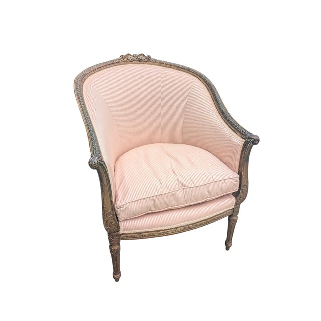 Late 19th Century Bergere Tub Chair With Light Pink Ticking Stripe Upholstery For Sale In Charlotte - Image 6 of 17
