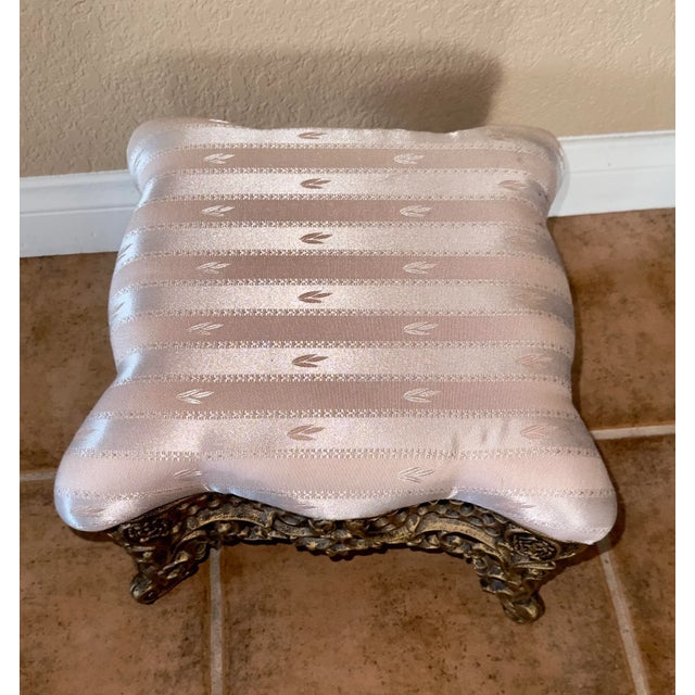 Shabby Chic 1940s French Provincial Cast Iron Foot Stool With Silk Upholstery For Sale - Image 3 of 5
