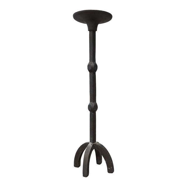 Vintage Brutalist Hand-Forged Iron Candlestick Holder –Circa 1950's Rustic Spanish Revival Gothic Style For Sale