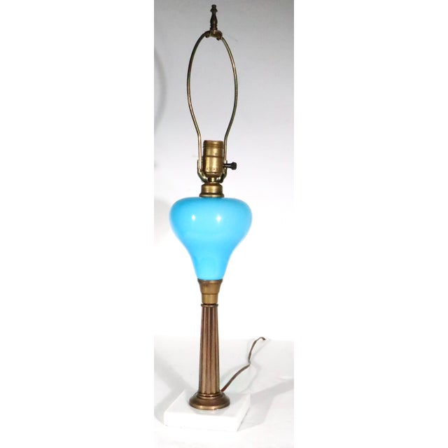Early 20th Century Electrified Oil Lamp With French Blue Opaline Glass Font For Sale In New York - Image 6 of 10