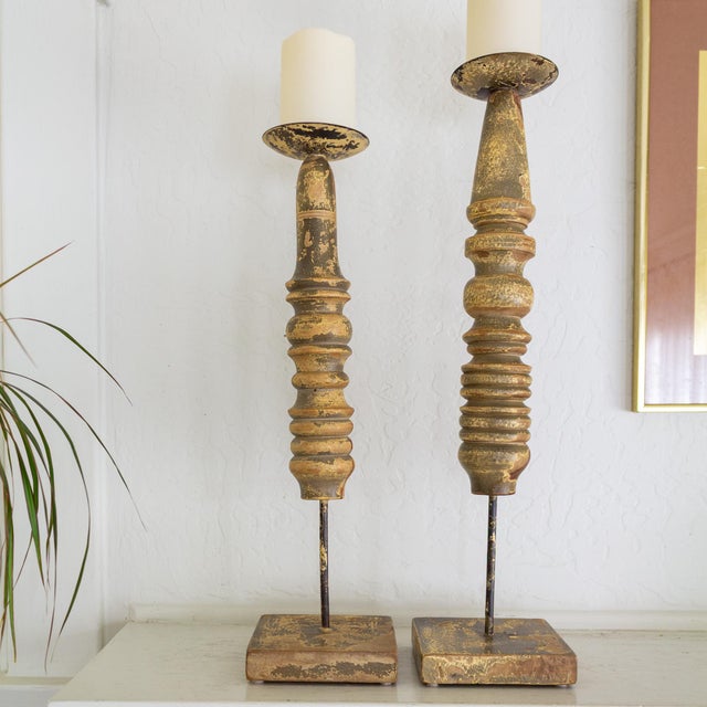 Indian Pair of Wood Turned Rustic Painted Pillar Candle Holders From India For Sale - Image 3 of 14