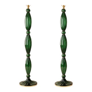 1980s Mid Century Modern, Murano Glass Green Floor Lamps - Pair For Sale