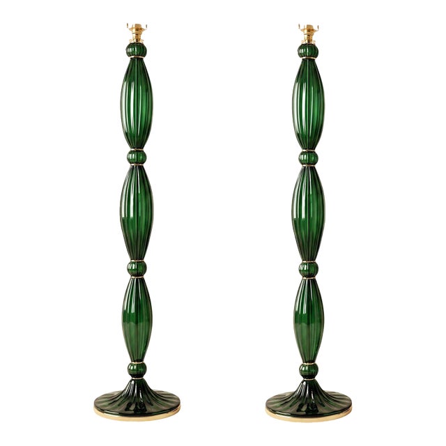 1980s Mid Century Modern, Murano Glass Green Floor Lamps - Pair For Sale