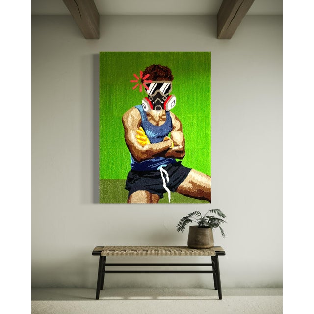 Textile Cedric Vu "Do You Smell Fumes?" Tufted Yarn Self Portrait, Gas Mask Figure, Electric Green, Contemporary California Textile Art, Pop Art, 2025 For Sale - Image 7 of 8