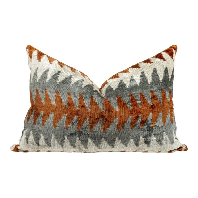 Luxury Handmade Velvet Pillow – Rust & Gray Zigzag, 16x24" For Sale