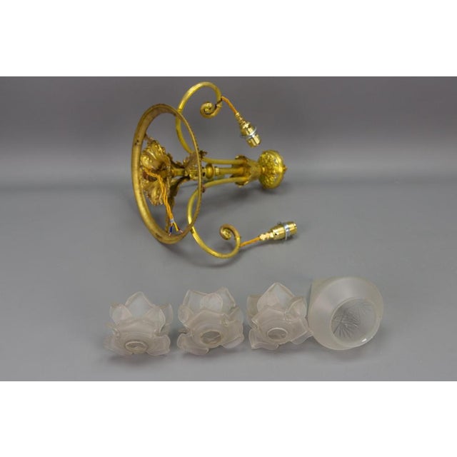 French Louis XVI Style Bronze and Frosted Glass Four-Light Pendant Chandelier, 1920s For Sale - Image 17 of 18