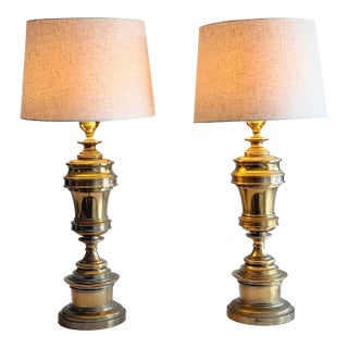 Substantially Large 32” Vintage Pair of Stiffel Solid Brass Hollywood Regency Urn Table Lamps With 10” Linen Shades For Sale