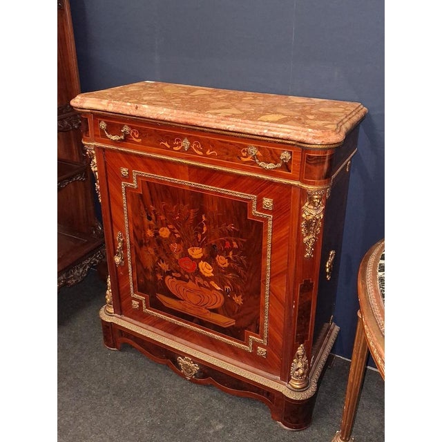 Napoleon iii side table in floral marquetry, griotte red marble top dimensions: height: 102 cm width: 92 cm depth: 40 cm...