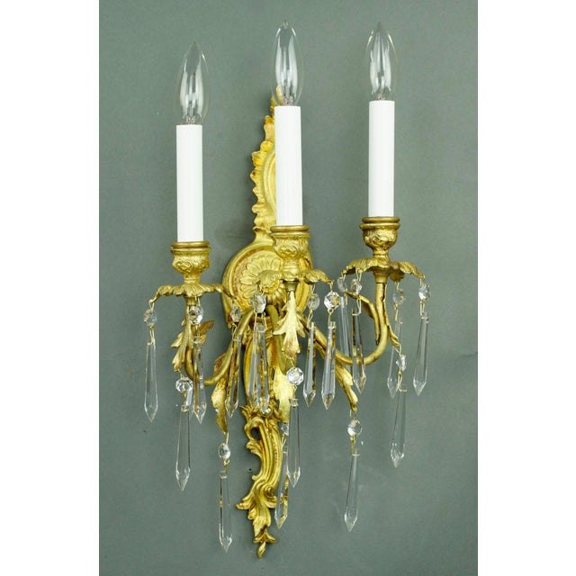 Mid 20th Century Restored French Gold Gilded Bronze & Crystal 3 Arm Wall Sconces - a Pair For Sale - Image 6 of 13