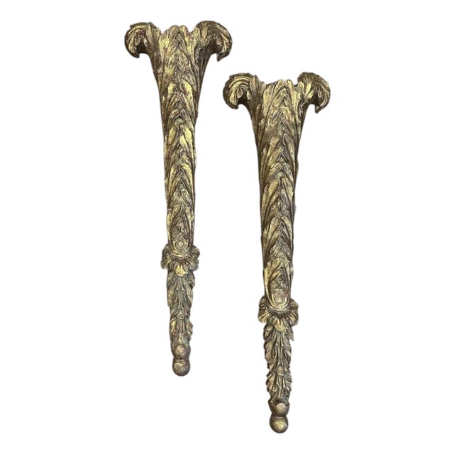 Vintage Neoclassical Regency Gilt Plaster Acanthus Leaf Wall Pockets / Gold Leaf Sconces For Sale