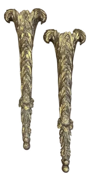 Vintage Neoclassical Regency Gilt Plaster Acanthus Leaf Wall Pockets / Gold Leaf Sconces