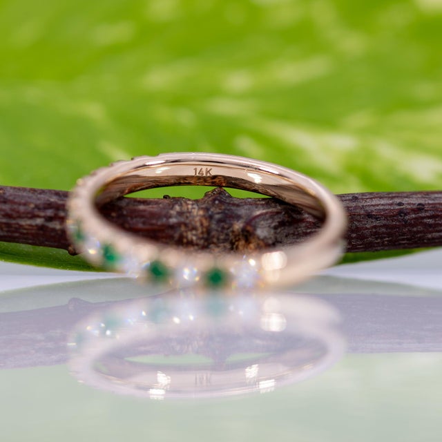Diamond & Emerald Band Ring in Solid 14k Gold | Elegant Gemstone Wedding Band, Size 6.75 For Sale - Image 9 of 9