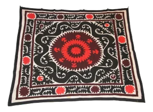 Vintage Samarkand Suzani, Uzbekistan Embroidered Textile Red and Black
