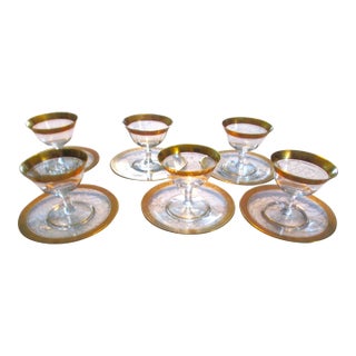 Vintage Tiffin Minton Gold Etched Sherbert Glasses With Underplate - Set of 6 For Sale