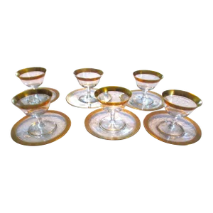 Vintage Tiffin Minton Gold Etched Sherbert Glasses With Underplate - Set of 6