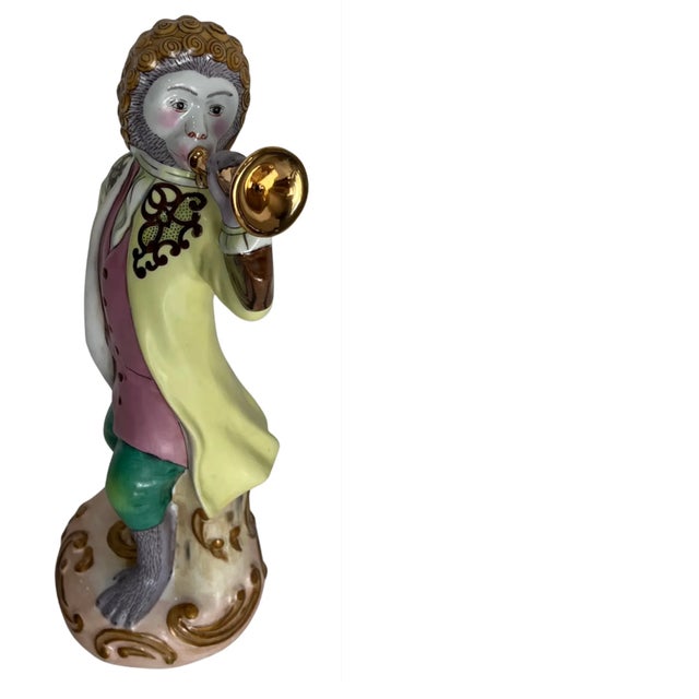 Ceramic 13 + In. Meissen Style "Affenkapelle" Monkey Trumpeter Figurine For Sale - Image 7 of 15