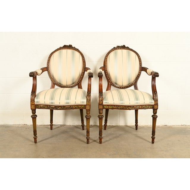 Karges Style French Regency Louis XVI Carved Mahogany and Gold Gilt Armchairs, Pair For Sale - Image 14 of 14