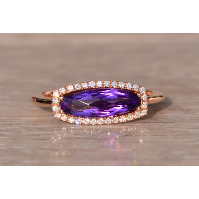 The 93rd Avenue: Contemporary Checkerboard Cut Elongated Amethyst and Natural Diamond Halo Ring in Rose Gold For Sale - Image 4 of 11