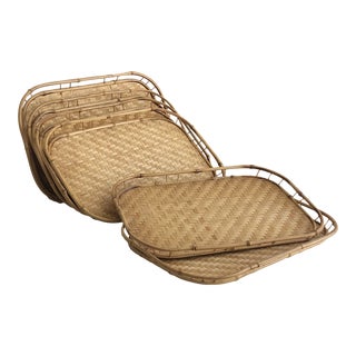 1960s Tiki Bamboo Rattan Serving Trays -- Set of 6 For Sale