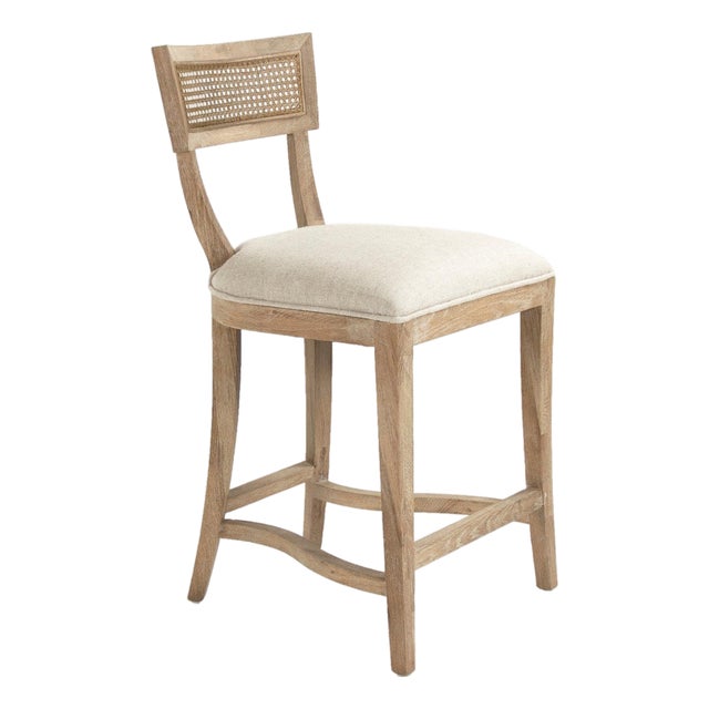Carvell Cane Back Counter Stool - Natural Linen / Weathered Oak Frame For Sale