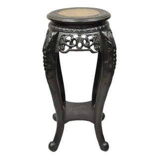 Early 20th Century Japanese Carved Wood Black Ebonized 29" Lacquer Top Plant Stand Side Table For Sale