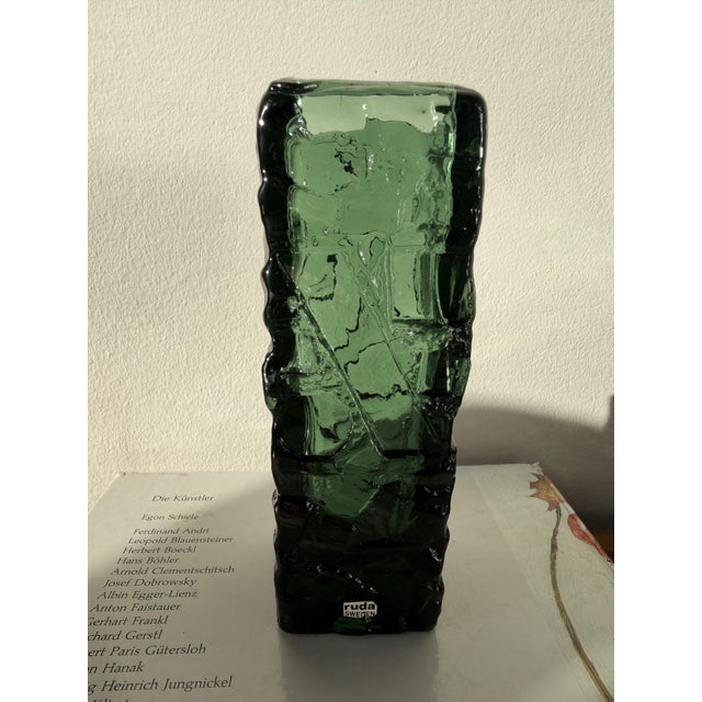 A brutalist art glass vase designed by Göte Augustsson for Ruda Glasbruk in Sweden, from the green range the works called...